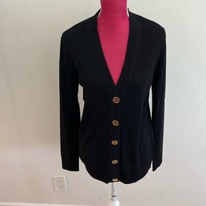 Tory Burch Simone 100% Merino Wool Black Cardigan Sweater, Size Large.